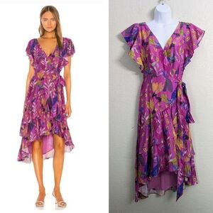 Tanya Taylor Silk Dress Purple Floral Midi Wrap Tiered Ruffle Short Cap Sleeve 2